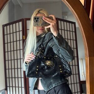 Versace Black Studded Leather Shoulder Bag with Gold Hardware